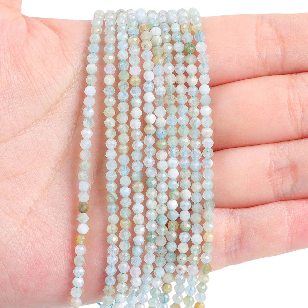 Natural light aquamarine micro faceted beads in 2mm, 3mm, 4mm. Icy blue stone spacer beads for delicate bracelets and DIY jewelry making