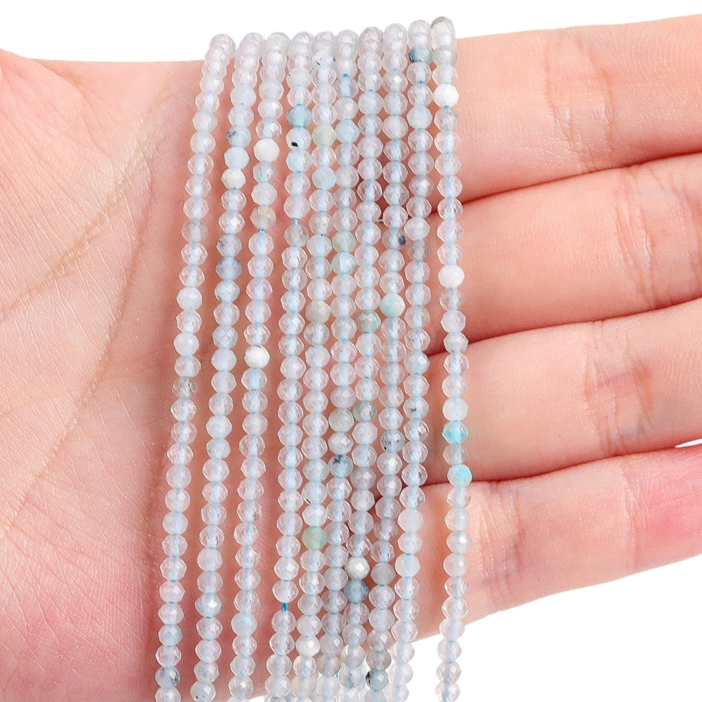Natural light blue aquamarine micro faceted beads in 2mm, 3mm, 4mm. Icy blue stone spacer beads for delicate bracelets and DIY jewelry making