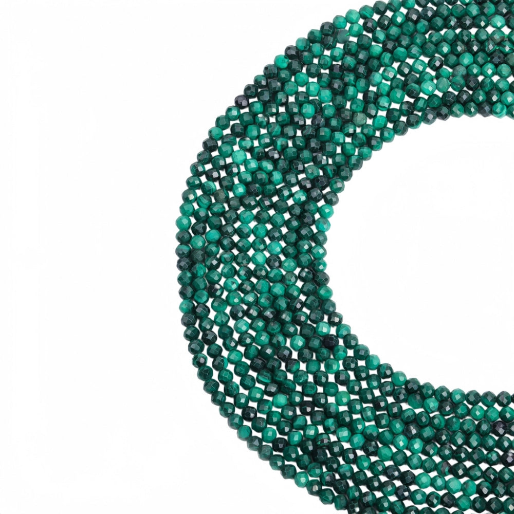 Natural malachite micro faceted beads in 2mm, 3mm, 4mm. Deep green stone spacer beads for delicate bracelets and DIY jewelry making