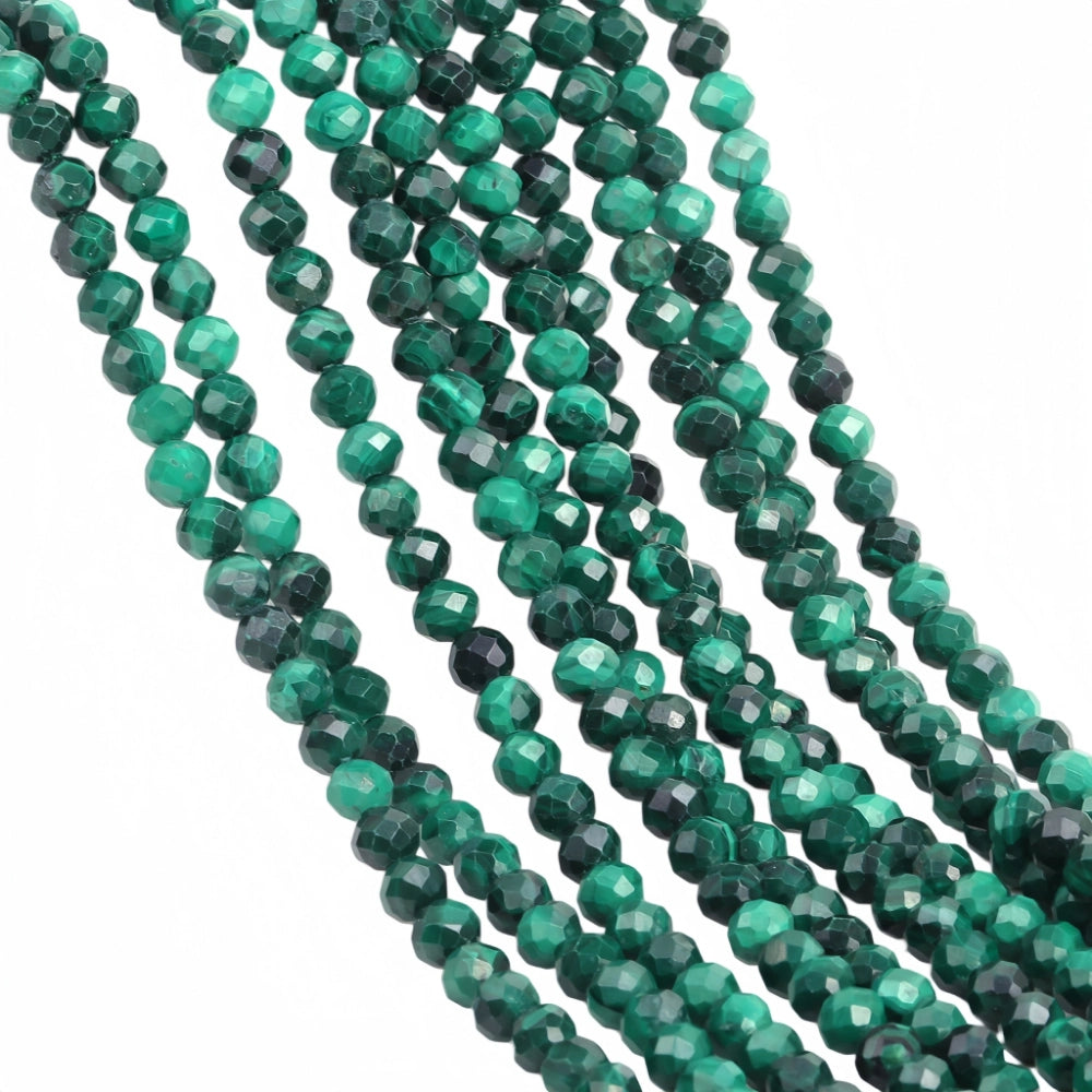 Natural malachite micro faceted beads in 2mm, 3mm, 4mm. Deep green stone spacer beads for delicate bracelets and DIY jewelry making