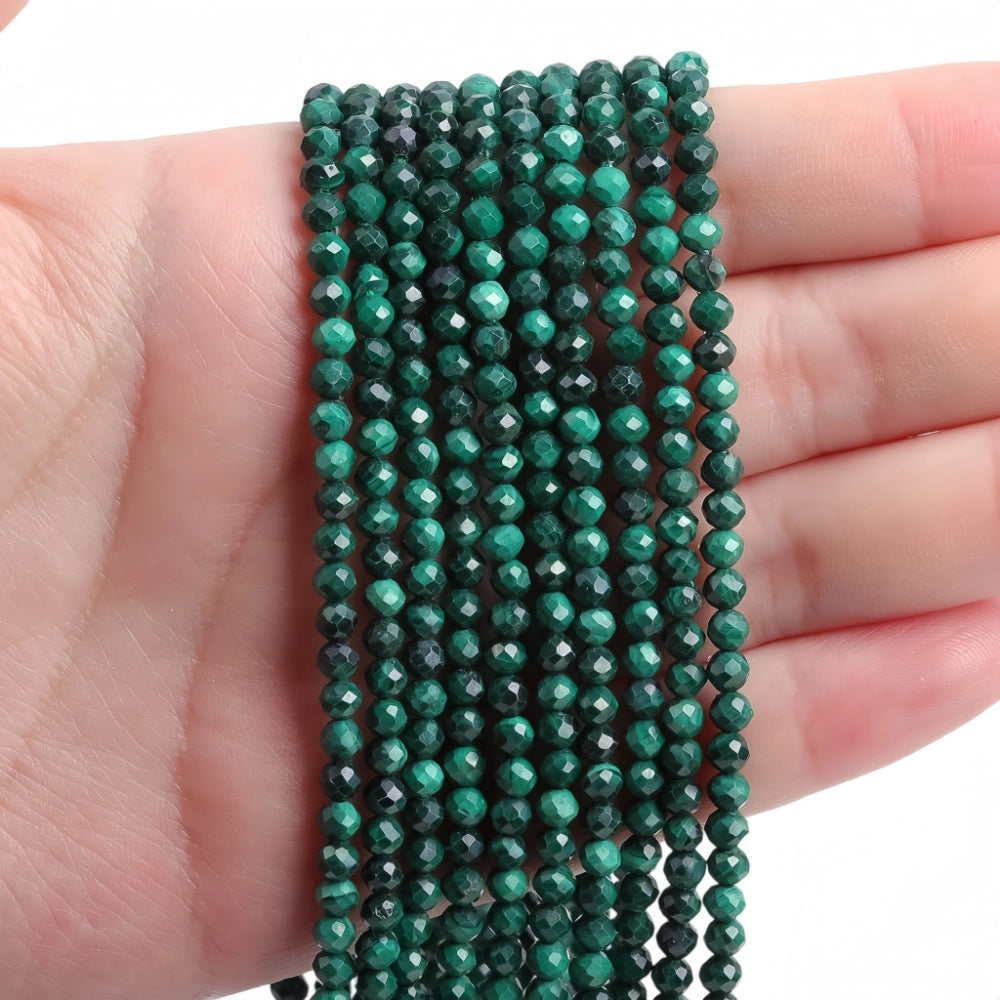 Natural malachite micro faceted beads in 2mm, 3mm, 4mm. Deep green stone spacer beads for delicate bracelets and DIY jewelry making