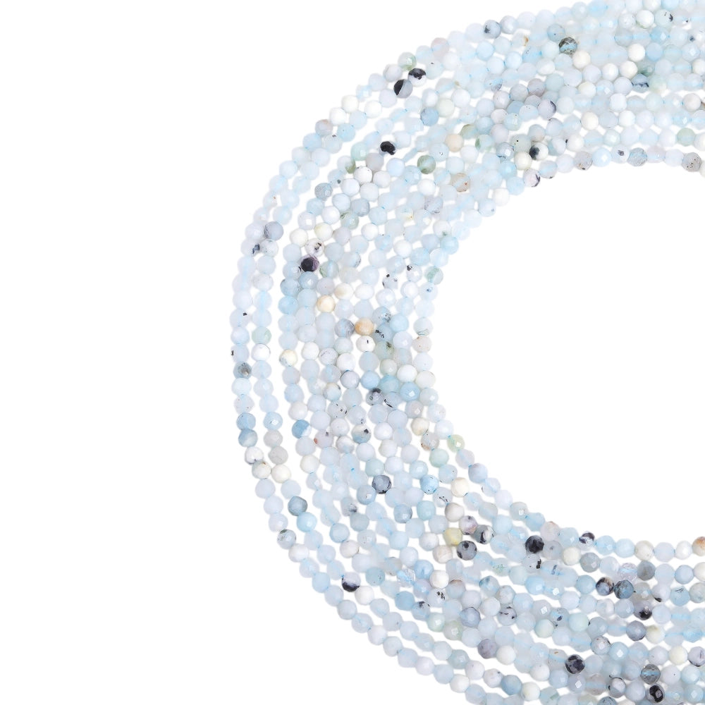 Natural milky blue aquamarine micro faceted beads in 2mm, 3mm, 4mm. Cloudy blue stone spacer beads for delicate bracelets and DIY jewelry making