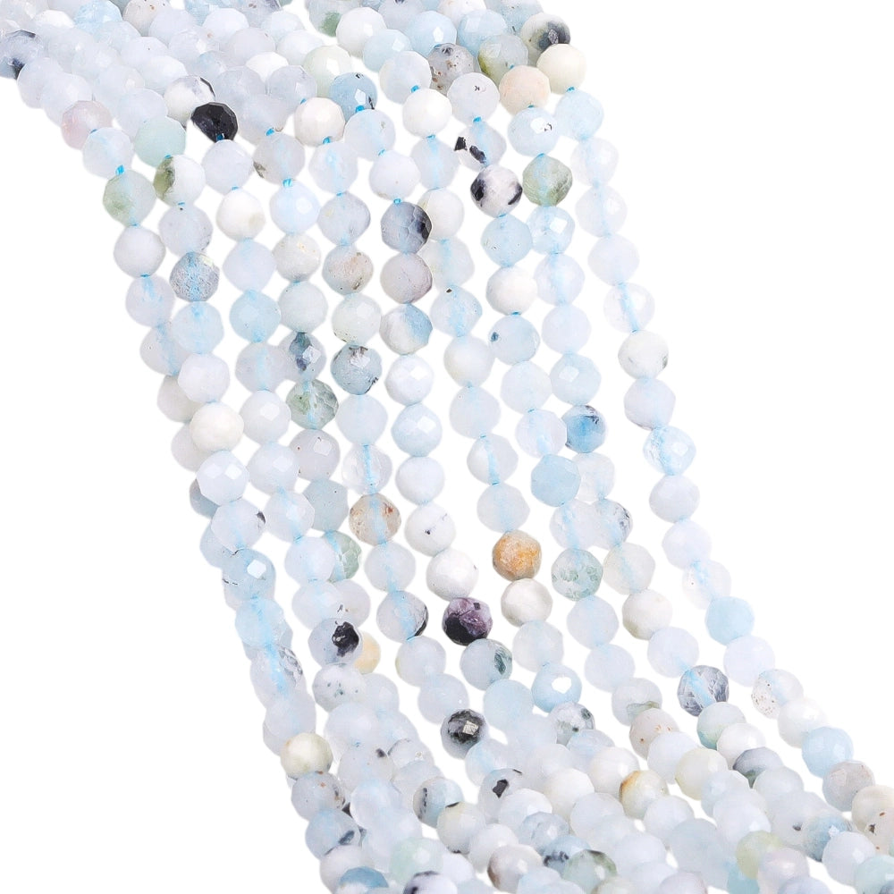 Natural milky blue aquamarine micro faceted beads in 2mm, 3mm, 4mm. Cloudy blue stone spacer beads for delicate bracelets and DIY jewelry making