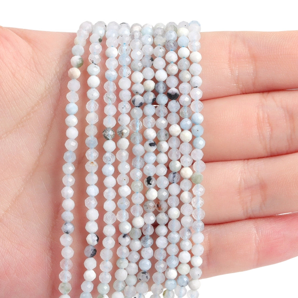 Natural milky blue aquamarine micro faceted beads in 2mm, 3mm, 4mm. Cloudy blue stone spacer beads for delicate bracelets and DIY jewelry making