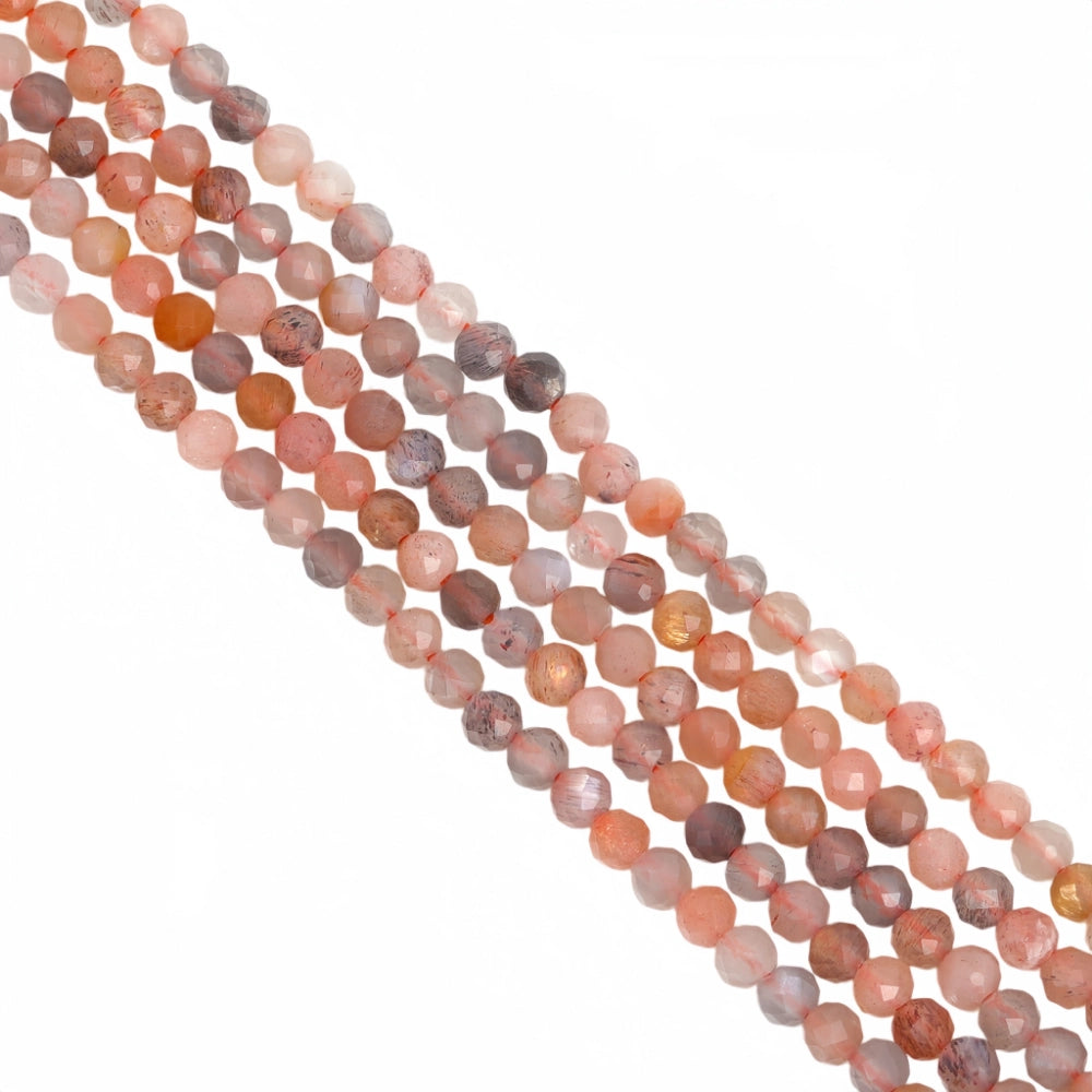 Natural mix moonstone micro faceted beads in 2mm, 3mm, 4mm. Peach and grey stone spacer beads for delicate bracelets and DIY jewelry making