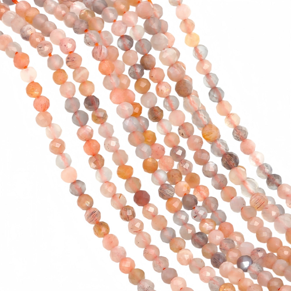 Natural mix moonstone micro faceted beads in 2mm, 3mm, 4mm. Peach and grey stone spacer beads for delicate bracelets and DIY jewelry making