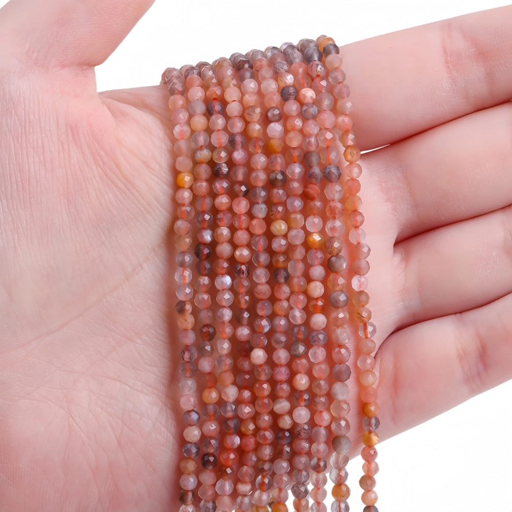 Natural mix moonstone micro faceted beads in 2mm, 3mm, 4mm. Peach and grey stone spacer beads for delicate bracelets and DIY jewelry making