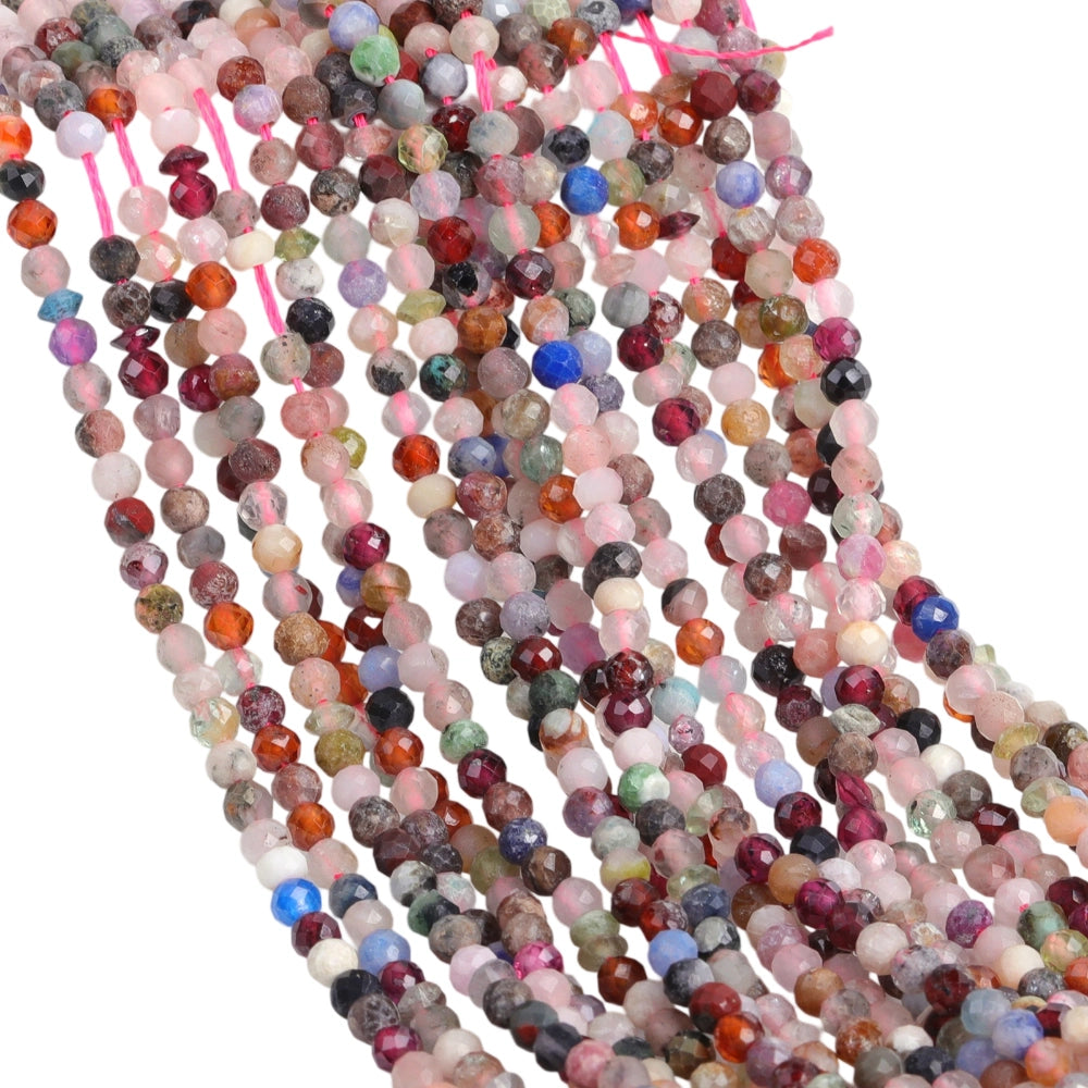 Natural mixed gemstone micro faceted beads in 2mm, 3mm, 4mm. Rainbow stone spacer beads for delicate bracelets and DIY jewelry making