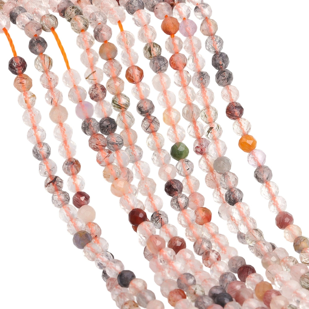 Natural mixed rutilated quartz micro faceted beads in 2mm, 3mm, 4mm. Multi-color stone spacer beads for delicate bracelets and DIY jewelry making