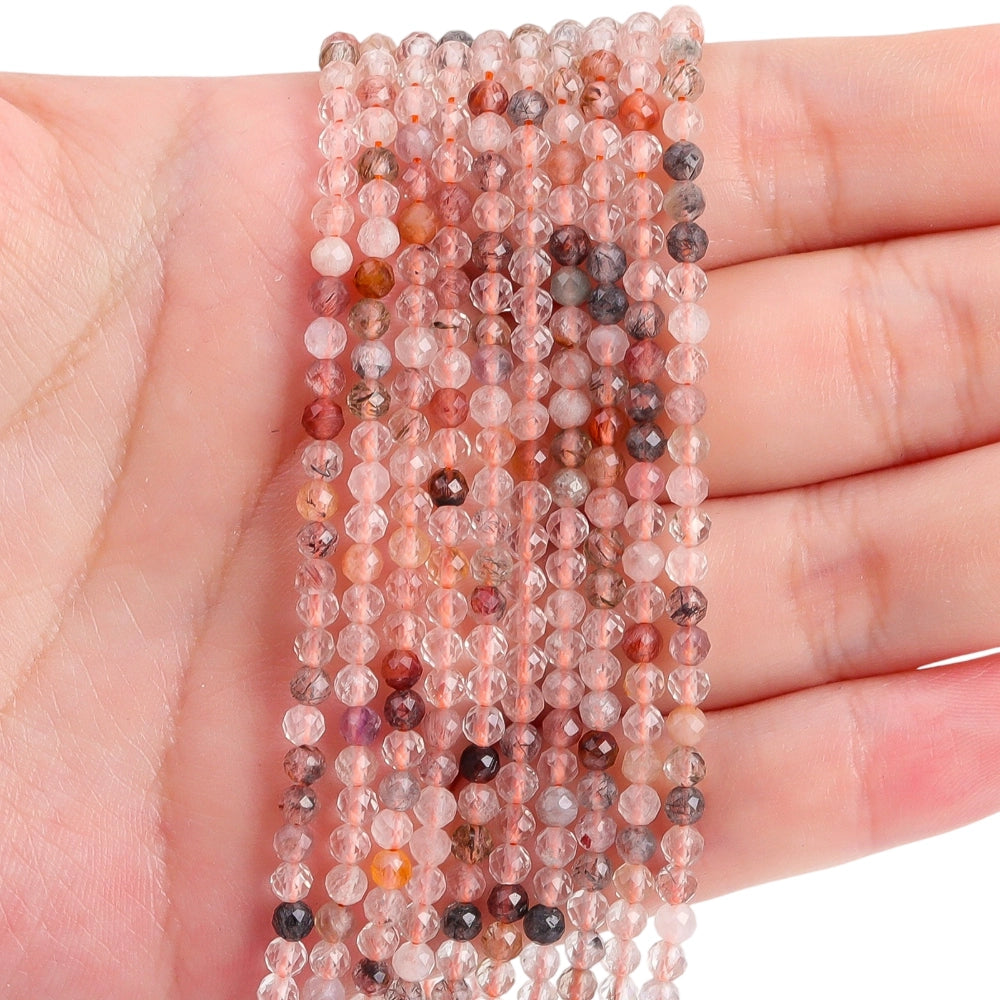 Natural mixed rutilated quartz micro faceted beads in 2mm, 3mm, 4mm. Multi-color stone spacer beads for delicate bracelets and DIY jewelry making