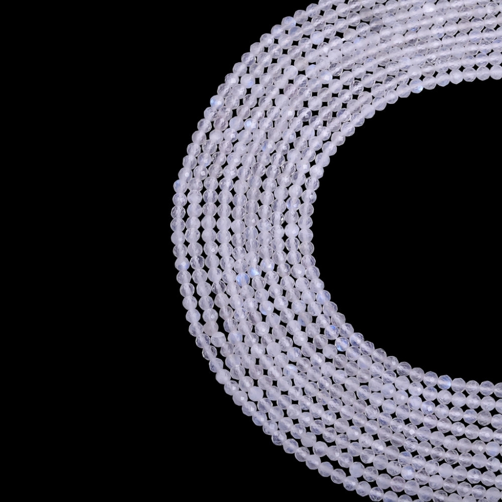 Natural moonstone micro faceted beads in 2mm, 3mm, 4mm. Translucent white stone spacer beads for delicate bracelets and DIY jewelry making