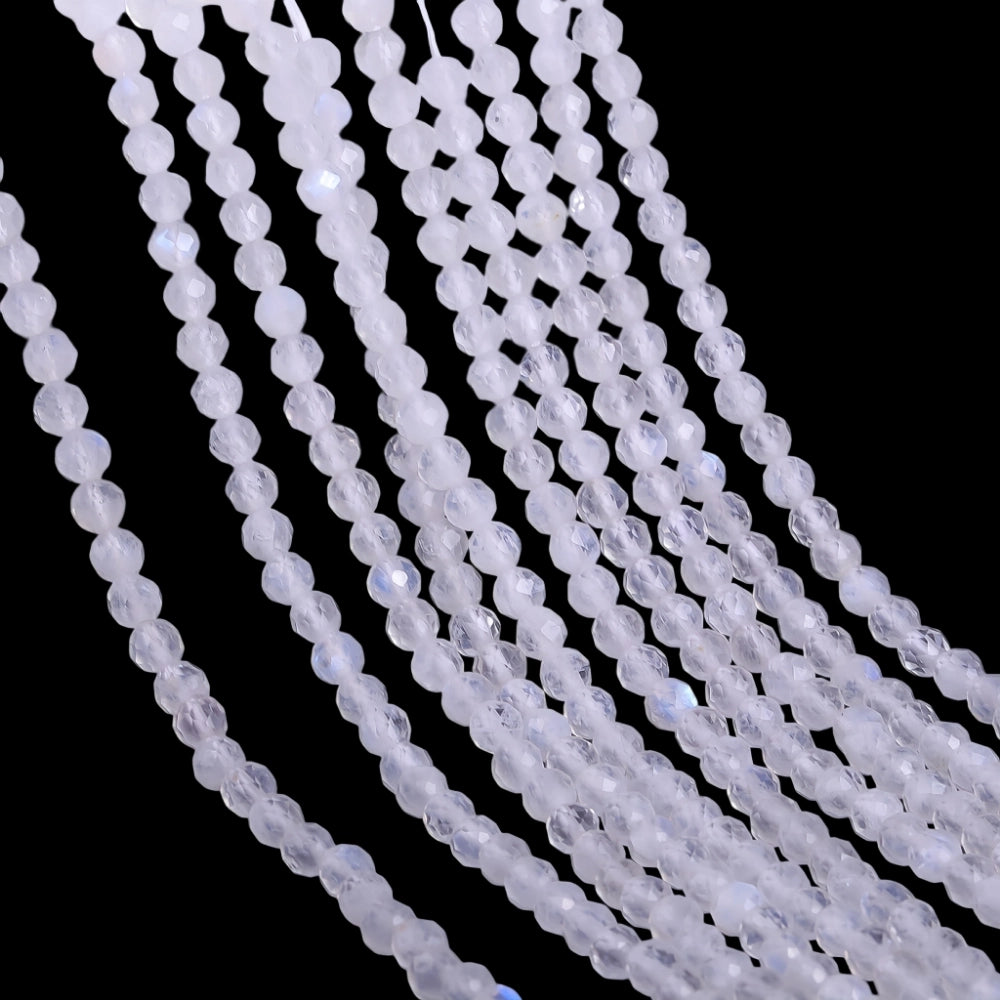 Natural moonstone micro faceted beads in 2mm, 3mm, 4mm. Translucent white stone spacer beads for delicate bracelets and DIY jewelry making