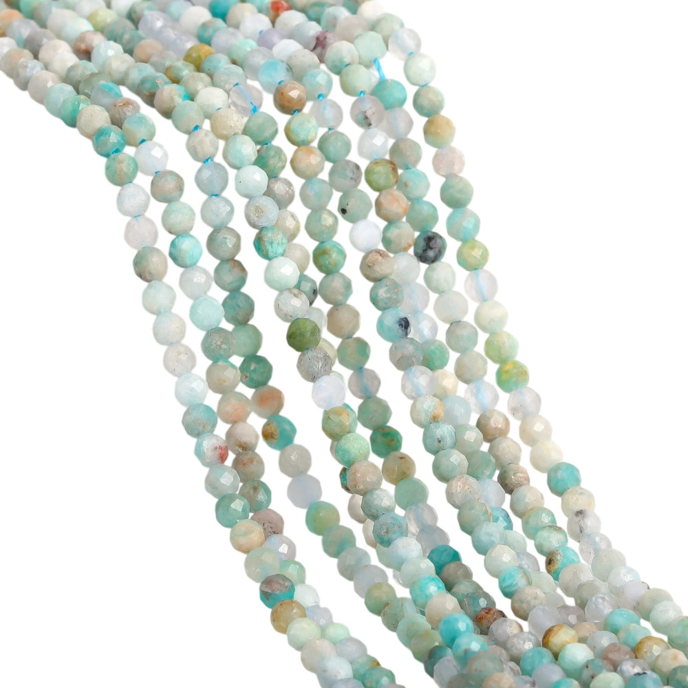 Natural multi-color amazonite micro faceted beads in 2mm, 3mm, 4mm. Blue green stone spacer beads for delicate bracelets and DIY jewelry making