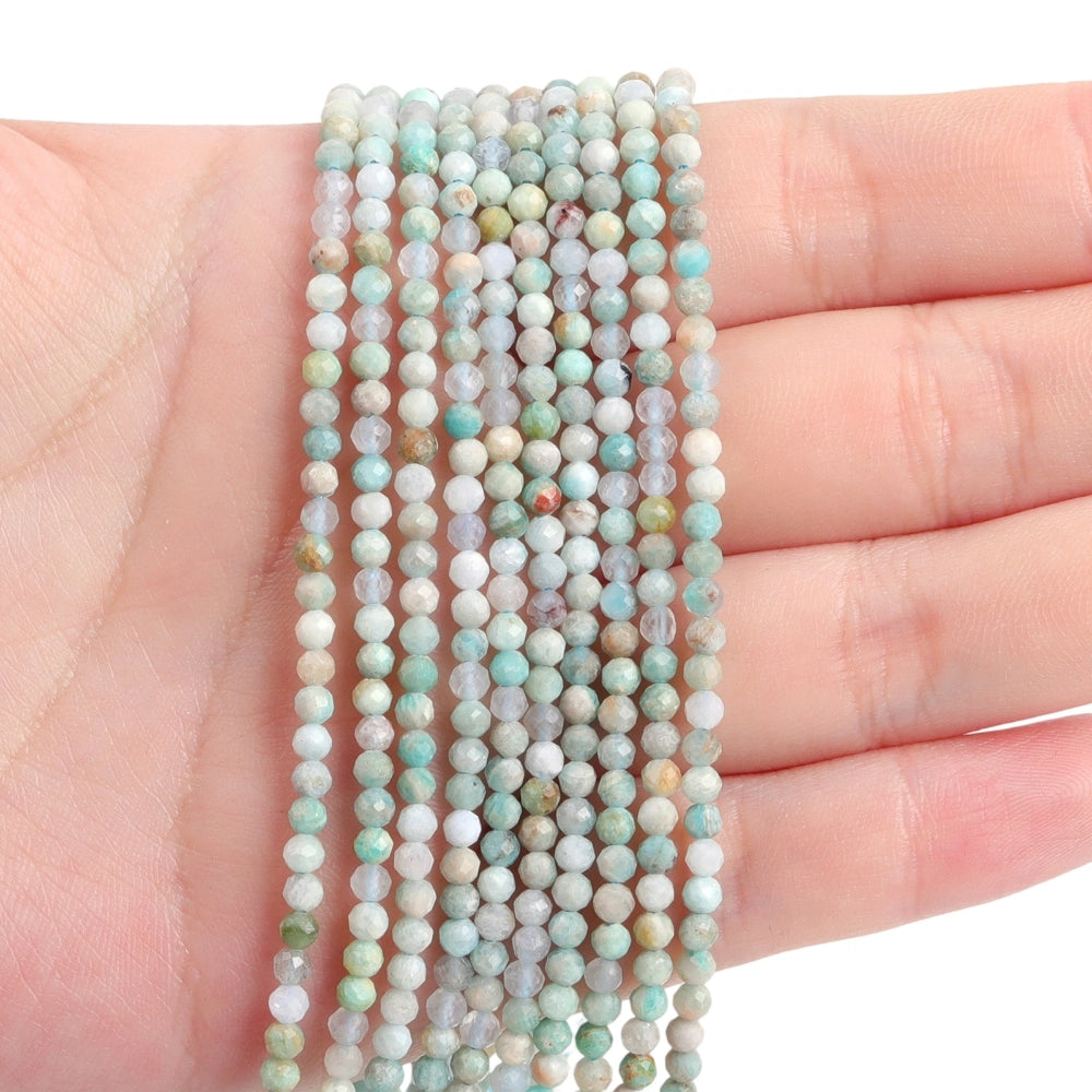 Natural multi-color amazonite micro faceted beads in 2mm, 3mm, 4mm. Blue green stone spacer beads for delicate bracelets and DIY jewelry making