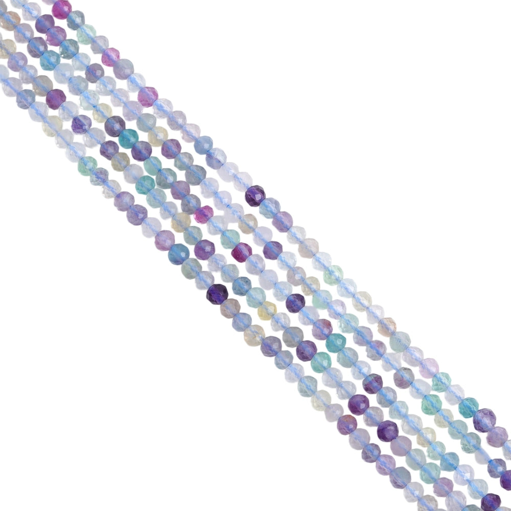 Natural multi-color fluorite micro faceted beads in 2mm, 3mm, 4mm. Mixed rainbow stone spacer beads for delicate bracelets and DIY jewelry making