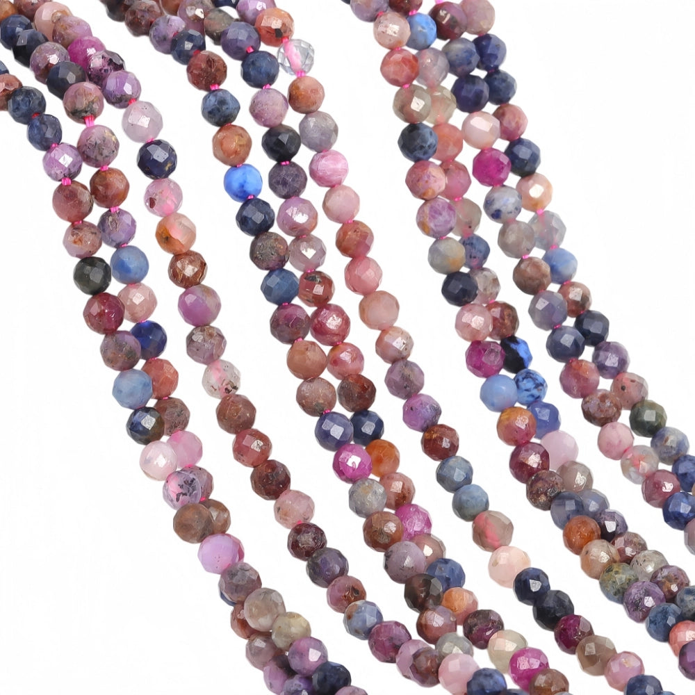 Natural multi-color sapphire micro faceted beads in 2mm, 3mm, 4mm. Mixed rainbow stone spacer beads for delicate bracelets and DIY jewelry making