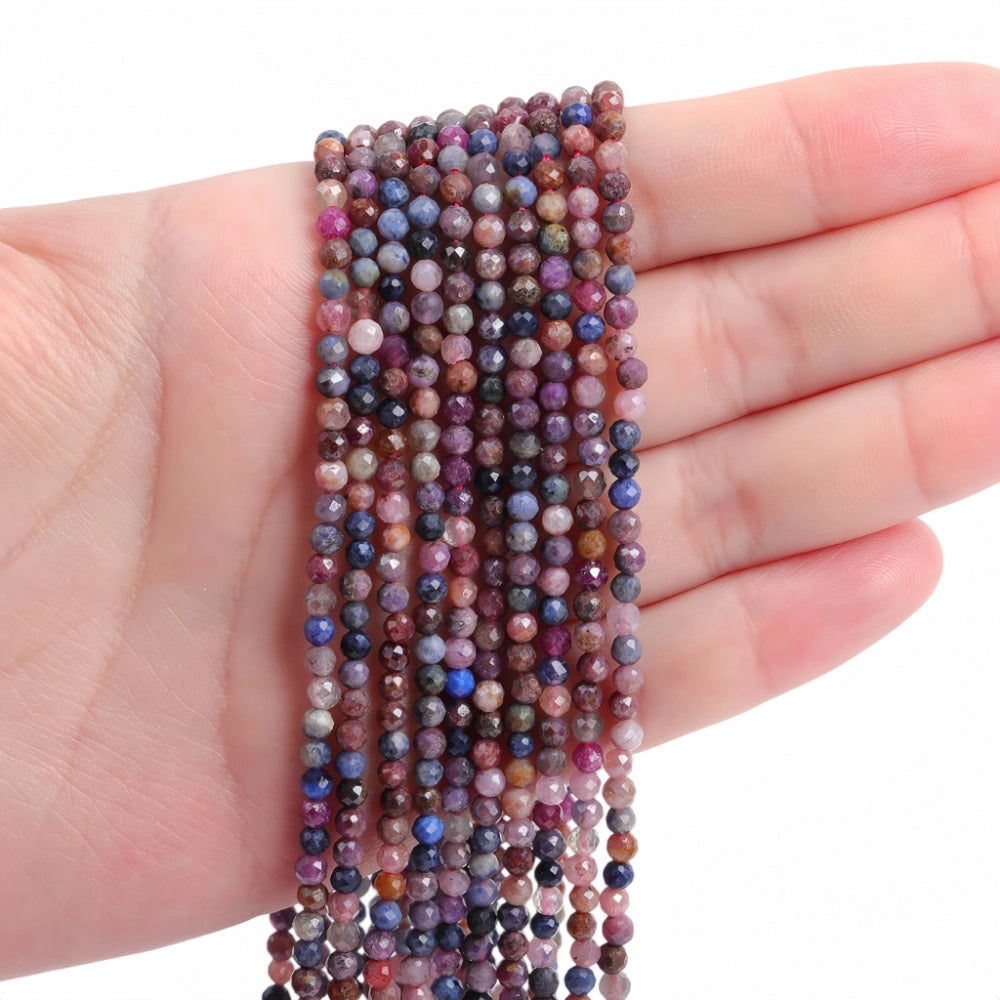 Natural multi-color sapphire micro faceted beads in 2mm, 3mm, 4mm. Mixed rainbow stone spacer beads for delicate bracelets and DIY jewelry making