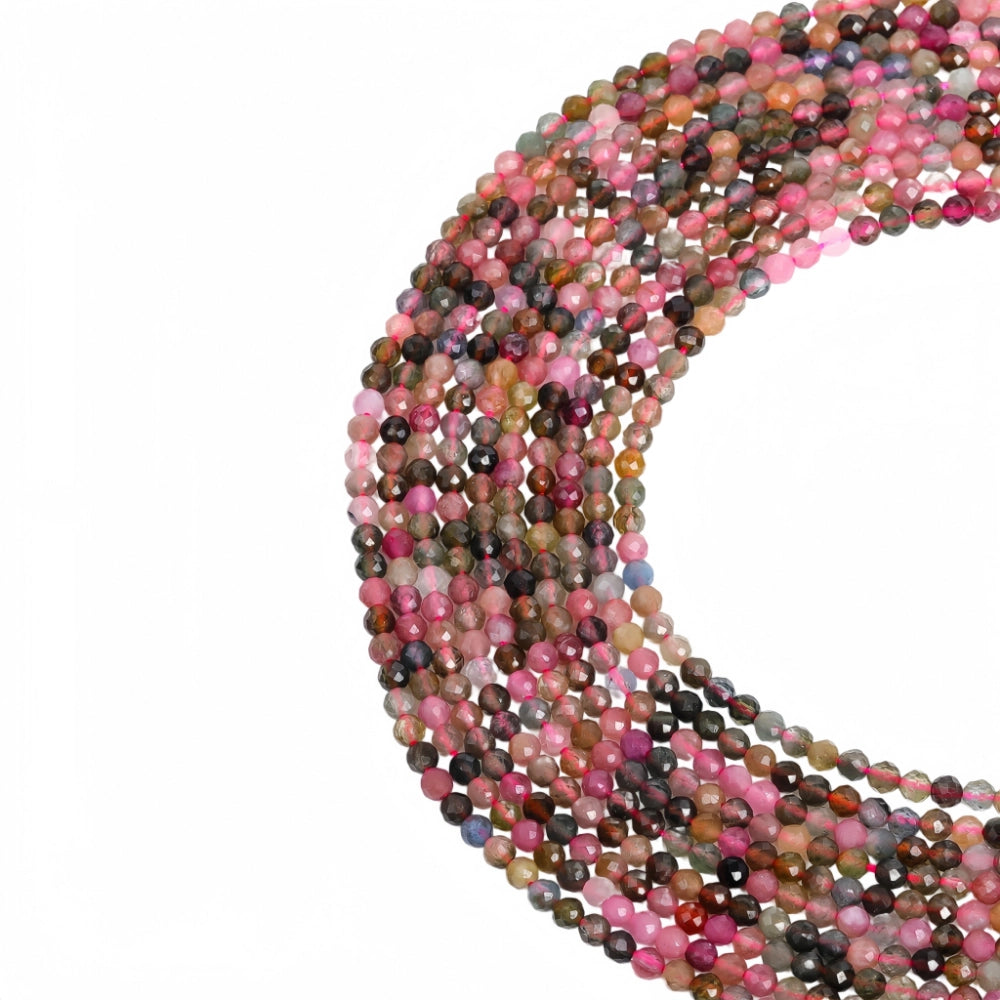 Natural multi-color tourmaline micro faceted beads in 2mm, 3mm, 4mm. Mixed rainbow stone spacer beads for delicate bracelets and DIY jewelry making