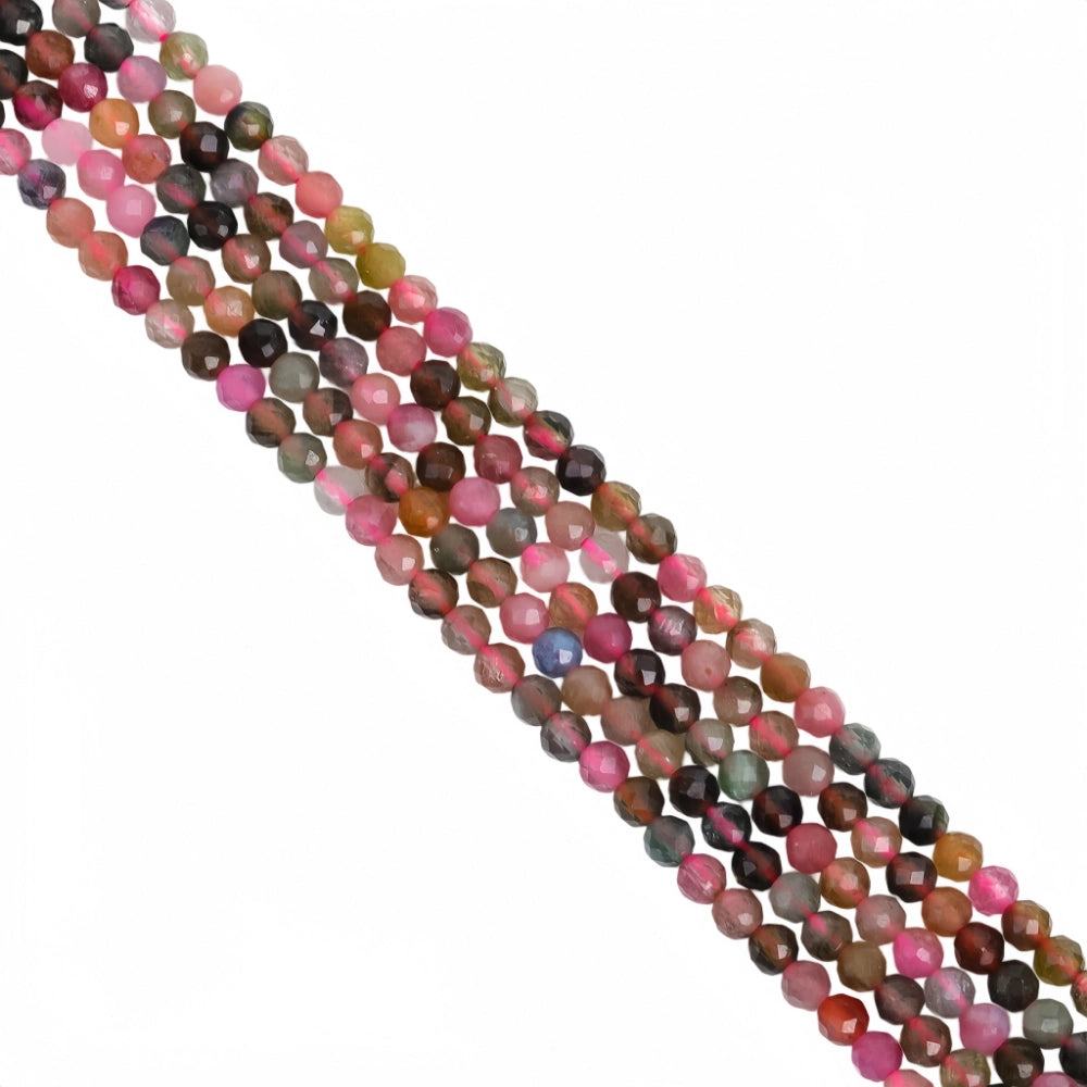 Natural multi-color tourmaline micro faceted beads in 2mm, 3mm, 4mm. Mixed rainbow stone spacer beads for delicate bracelets and DIY jewelry making