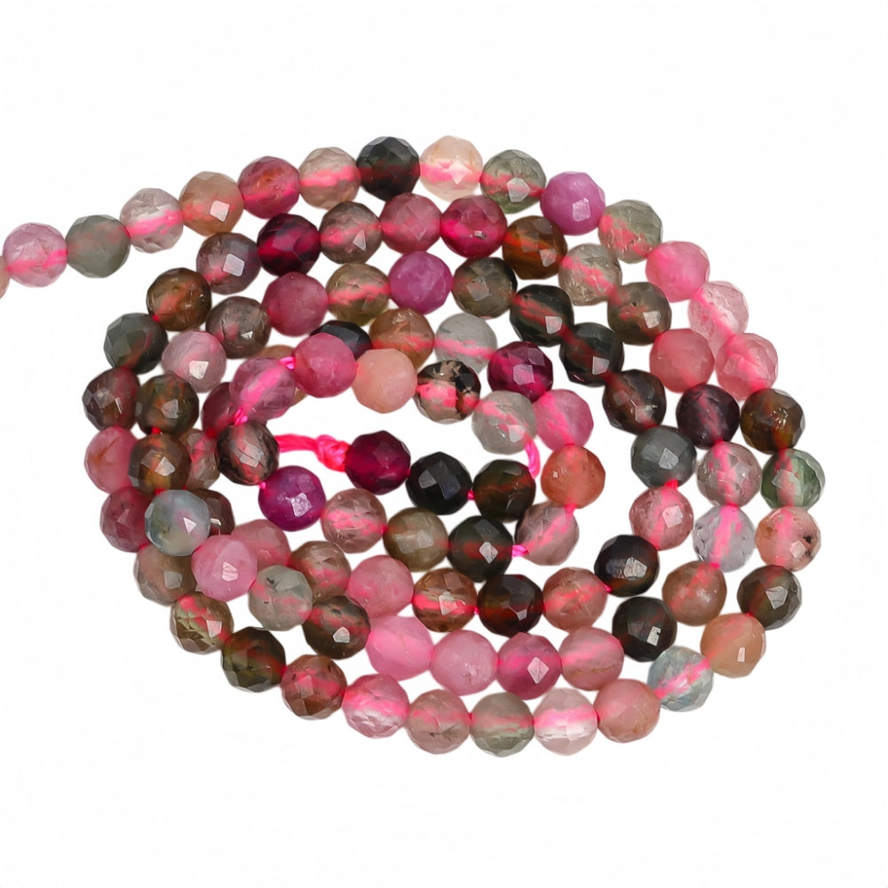 Natural multi-color tourmaline micro faceted beads in 2mm, 3mm, 4mm. Mixed rainbow stone spacer beads for delicate bracelets and DIY jewelry making