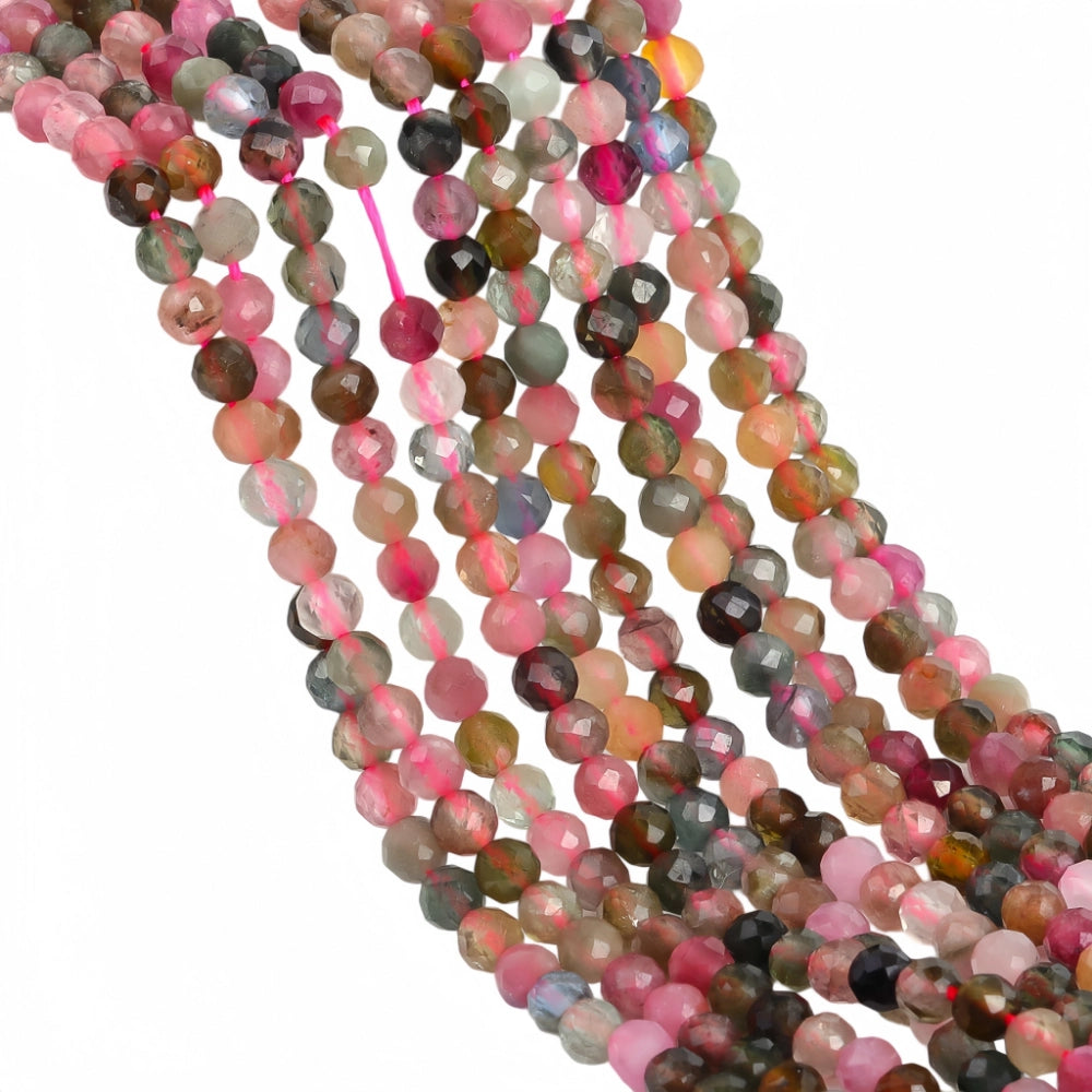 Natural multi-color tourmaline micro faceted beads in 2mm, 3mm, 4mm. Mixed rainbow stone spacer beads for delicate bracelets and DIY jewelry making