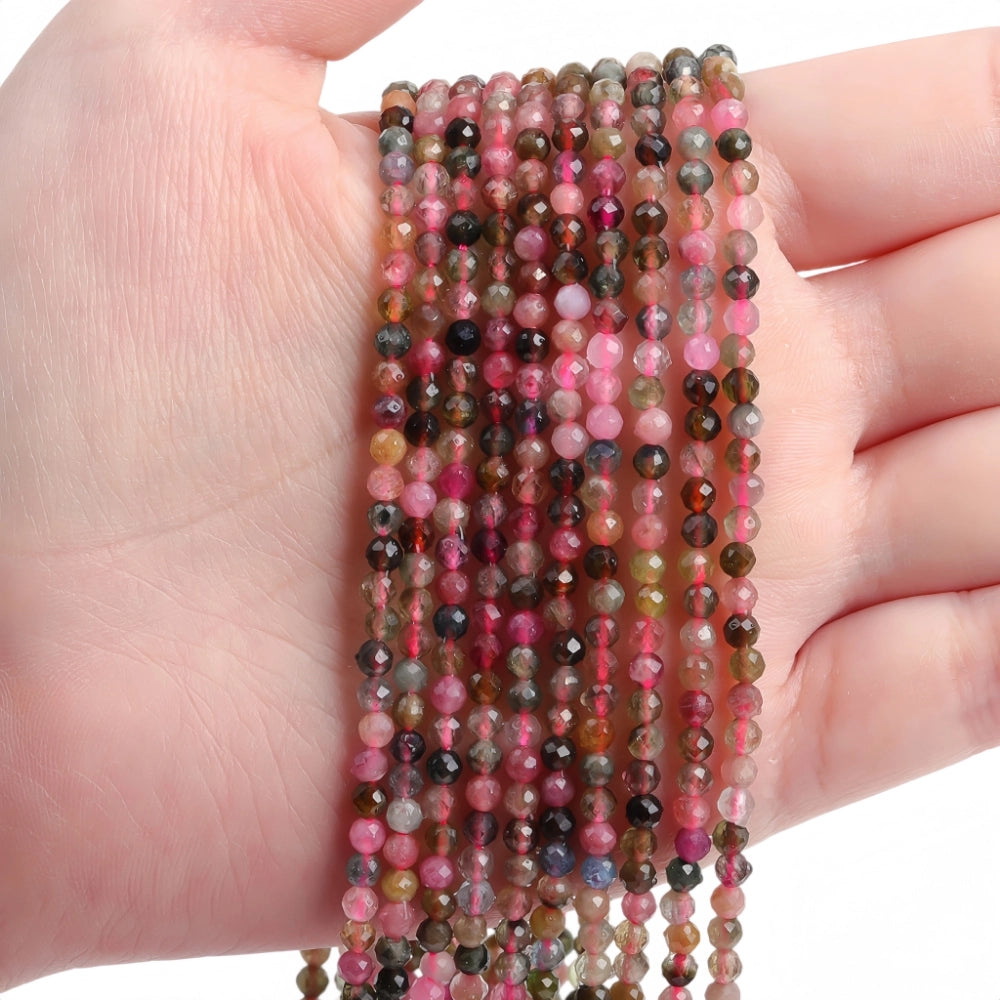 Natural multi-color tourmaline micro faceted beads in 2mm, 3mm, 4mm. Mixed rainbow stone spacer beads for delicate bracelets and DIY jewelry making