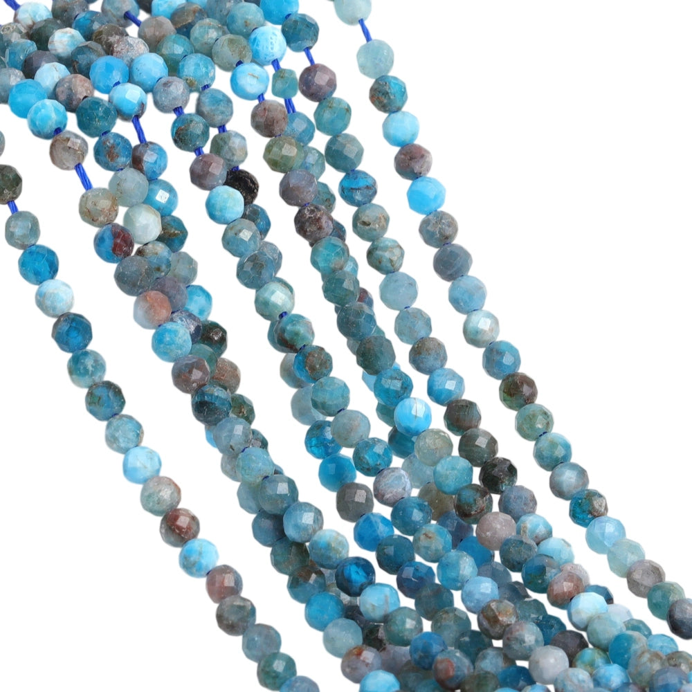 Natural neon apatite micro faceted beads in 2mm, 3mm, 4mm. Bright neon blue stone spacer beads for delicate bracelets and DIY jewelry making