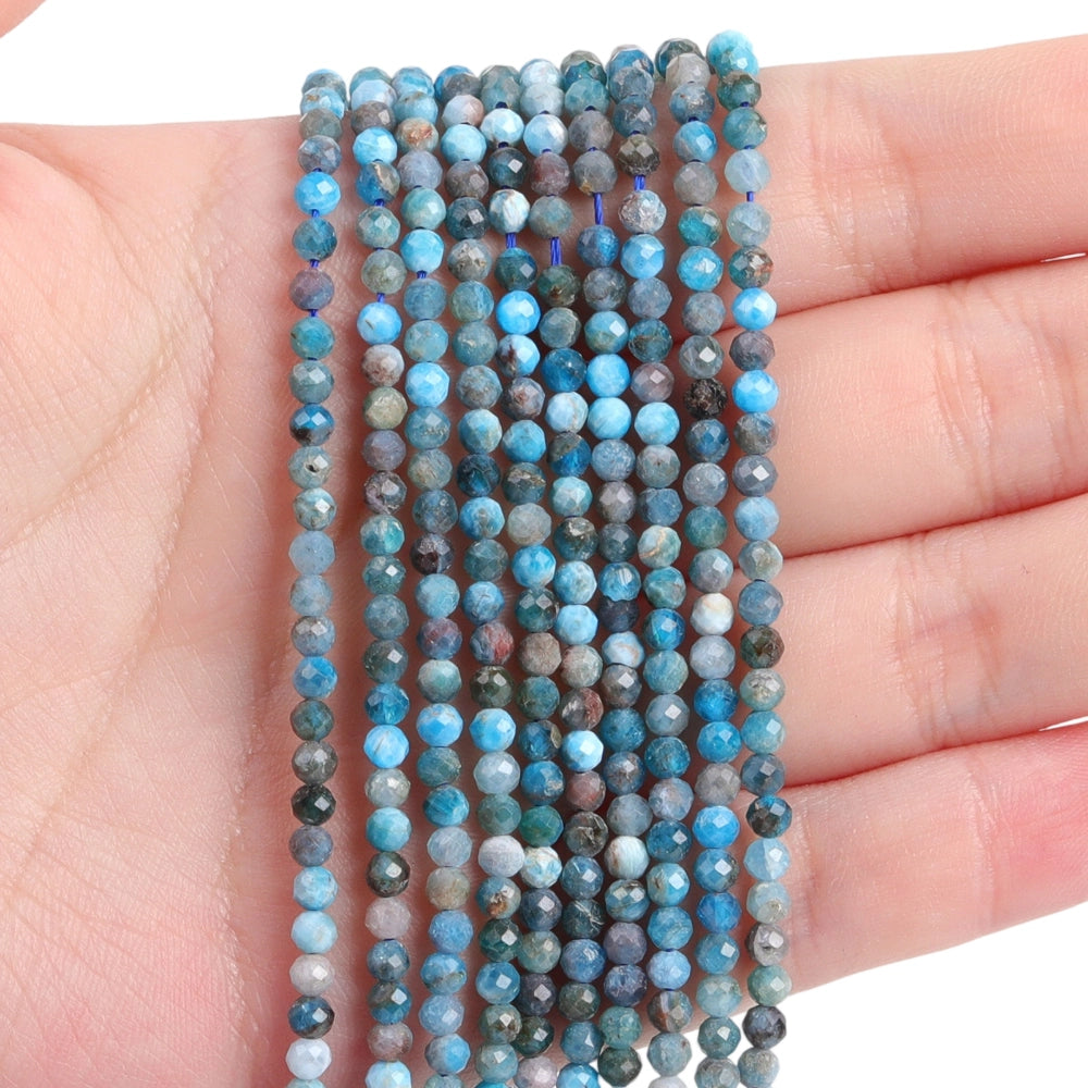 Natural neon apatite micro faceted beads in 2mm, 3mm, 4mm. Bright neon blue stone spacer beads for delicate bracelets and DIY jewelry making