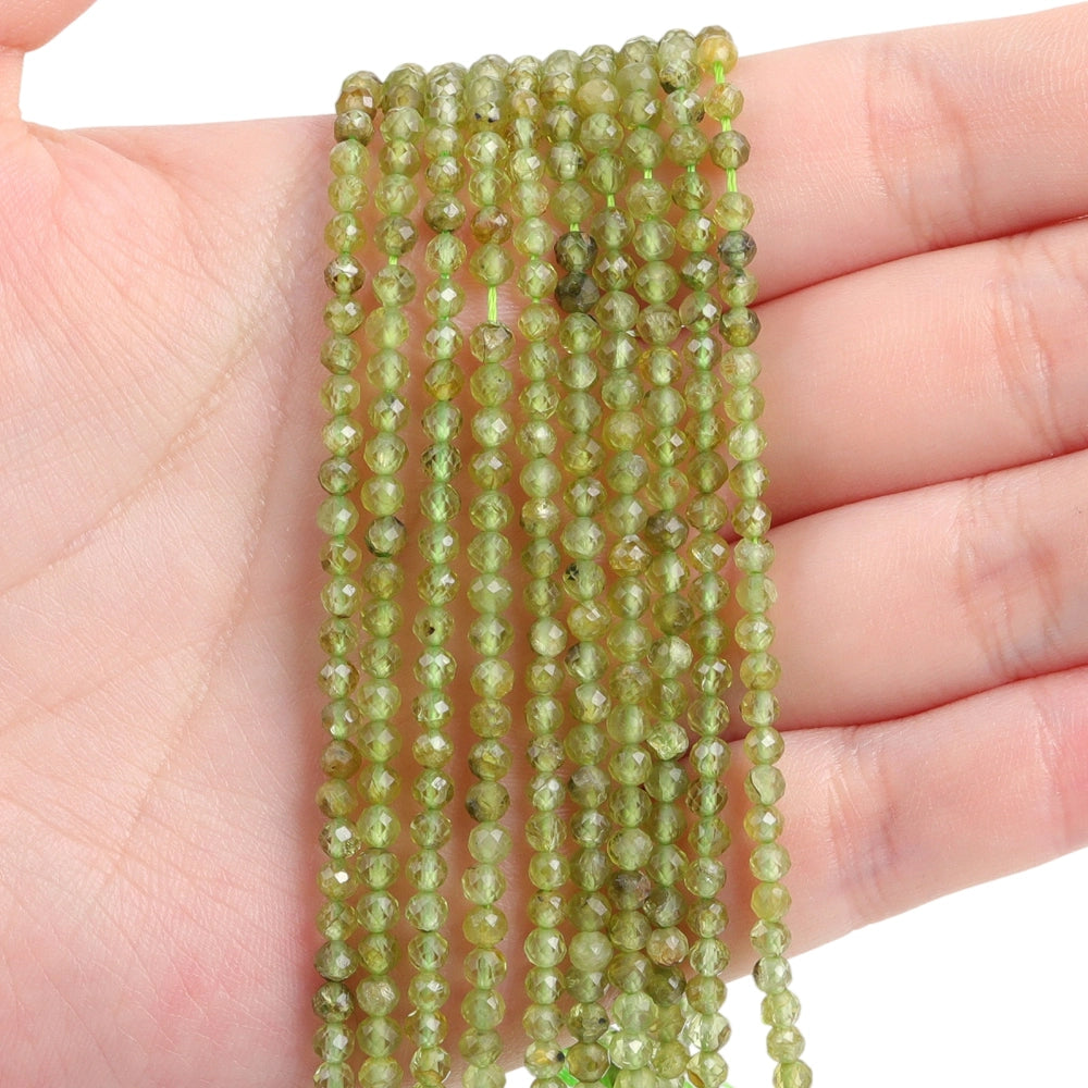 Natural olive green peridot micro faceted beads in 2mm, 3mm, 4mm. Green stone spacer beads for delicate bracelets and DIY jewelry making