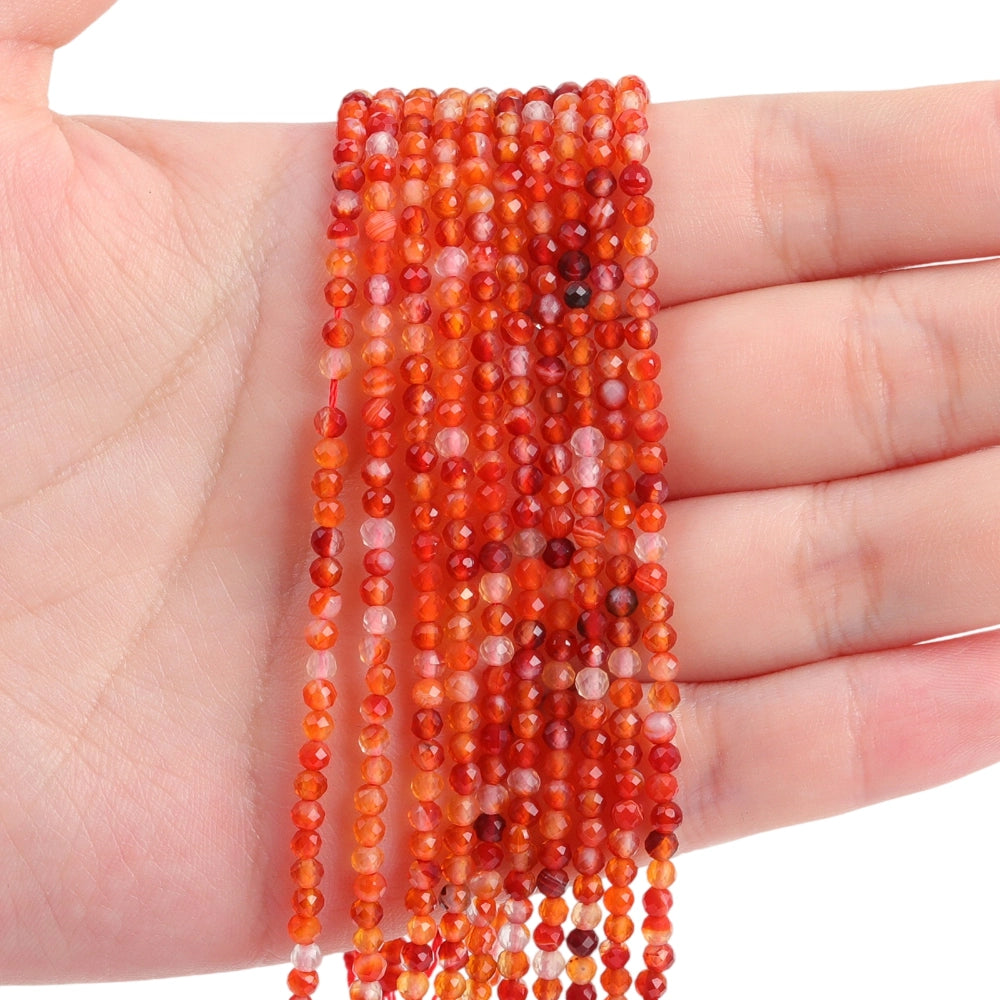 Natural orange red agate micro faceted beads in 2mm, 3mm, 4mm. Orange-red stone spacer beads for delicate bracelets and DIY jewelry making.