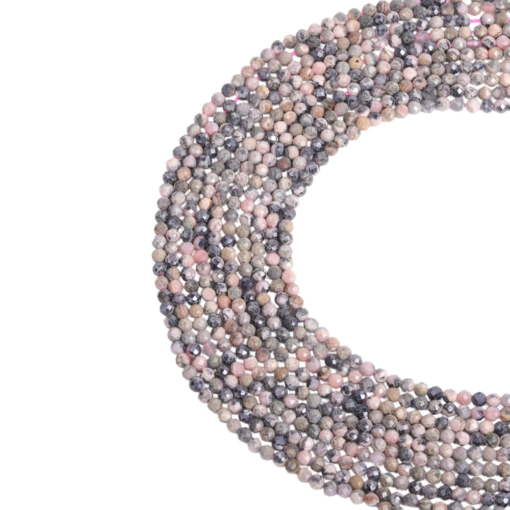 Natural pastel rhodonite micro faceted beads in 2mm, 3mm, 4mm. Pink and black stone spacer beads for delicate bracelets and DIY jewelry making