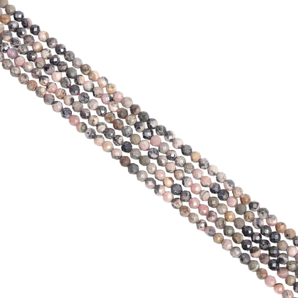 Natural pastel rhodonite micro faceted beads in 2mm, 3mm, 4mm. Pink and black stone spacer beads for delicate bracelets and DIY jewelry making