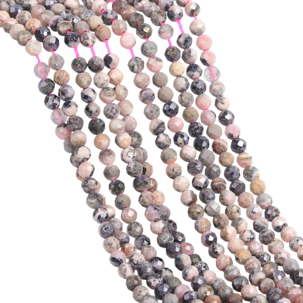 Natural pastel rhodonite micro faceted beads in 2mm, 3mm, 4mm. Pink and black stone spacer beads for delicate bracelets and DIY jewelry making