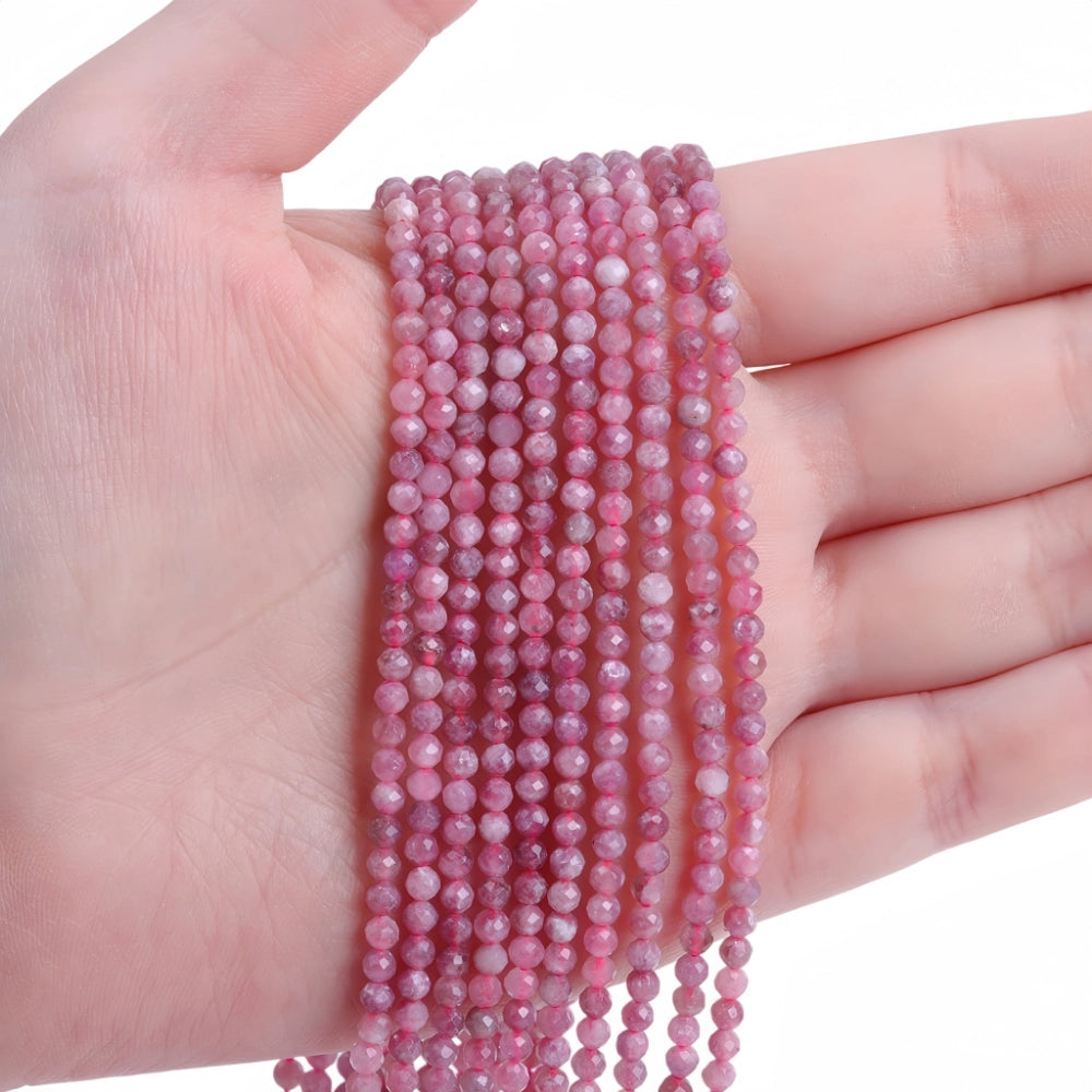 Natural pink tourmaline micro faceted beads in 2mm, 3mm, 4mm. Pink rose stone spacer beads for delicate bracelets and DIY jewelry making