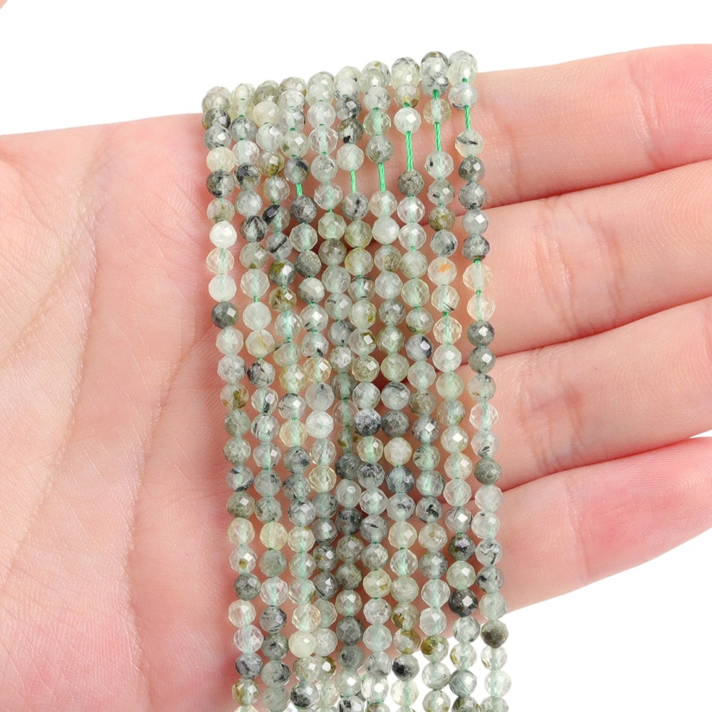 Natural prehnite with epidote micro faceted beads in 2mm, 3mm, 4mm. Green stone spacer beads for delicate bracelets and DIY jewelry making
