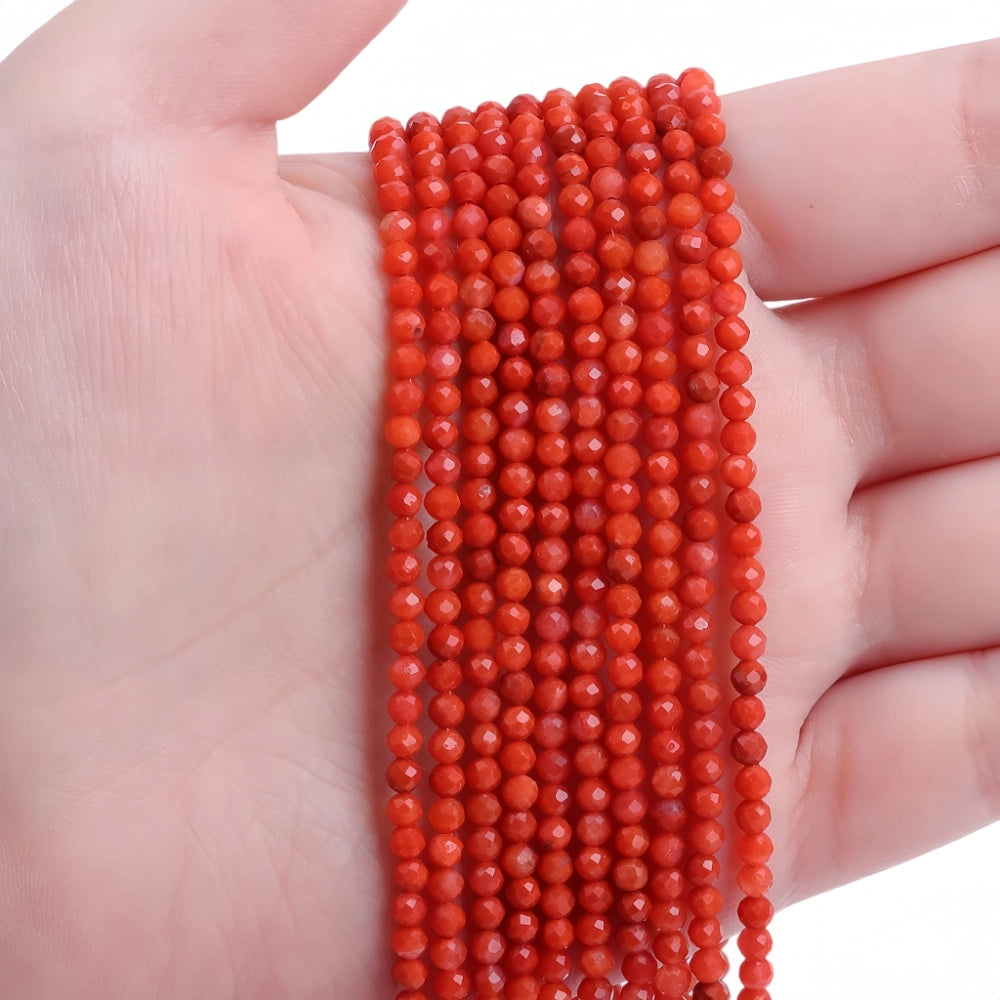 Natural red agate micro faceted beads in 2mm, 3mm, 4mm. Vivid orange-red stone spacer beads for delicate bracelets and DIY jewelry making