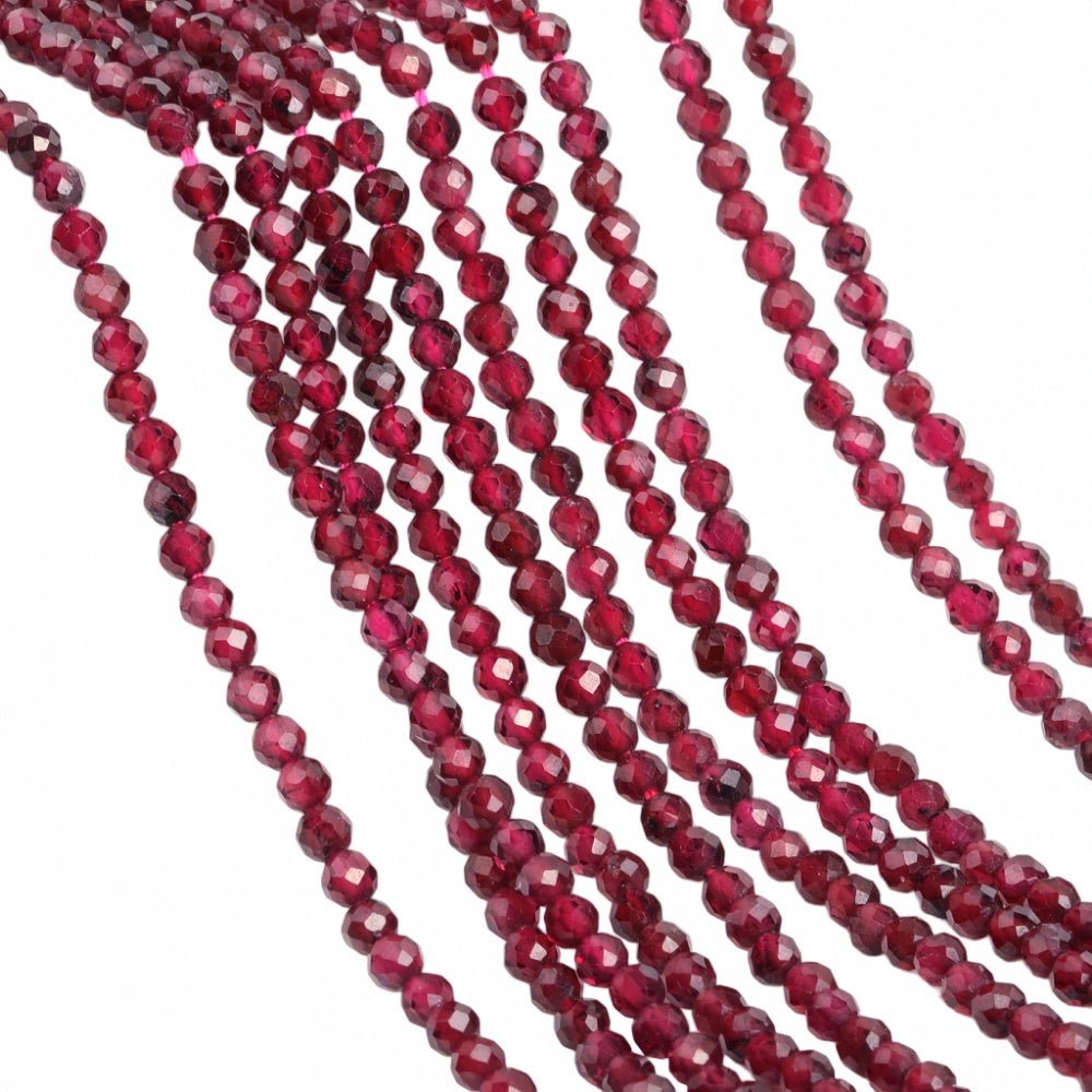 Natural red garnet micro faceted beads in 2mm, 3mm, 4mm. Deep wine red spacer beads for delicate bracelets and DIY jewelry making