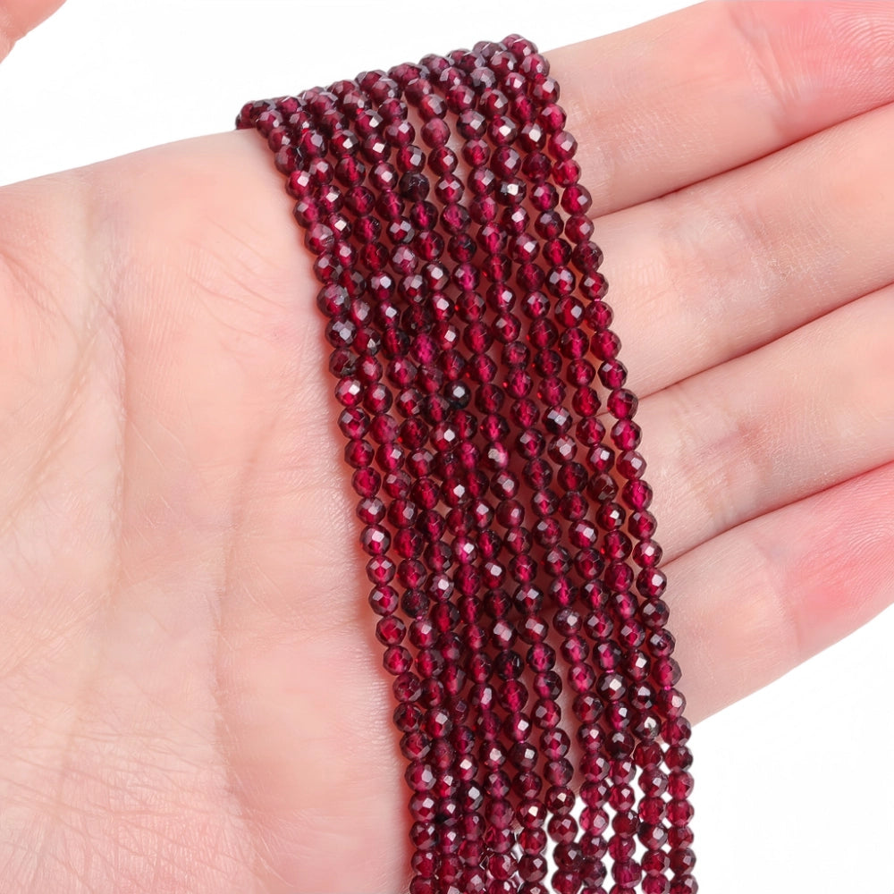 Natural red garnet micro faceted beads in 2mm, 3mm, 4mm. Deep wine red spacer beads for delicate bracelets and DIY jewelry making