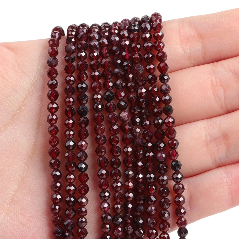 Natural red garnet micro faceted beads in 2mm, 3mm, 4mm. Deep wine red stone spacer beads for delicate bracelets and DIY jewelry making
