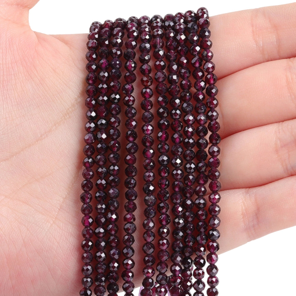 Natural rhodolite garnet micro faceted beads in 2mm, 3mm, 4mm. Deep purplish red stone spacer beads for delicate bracelets and DIY jewelry making