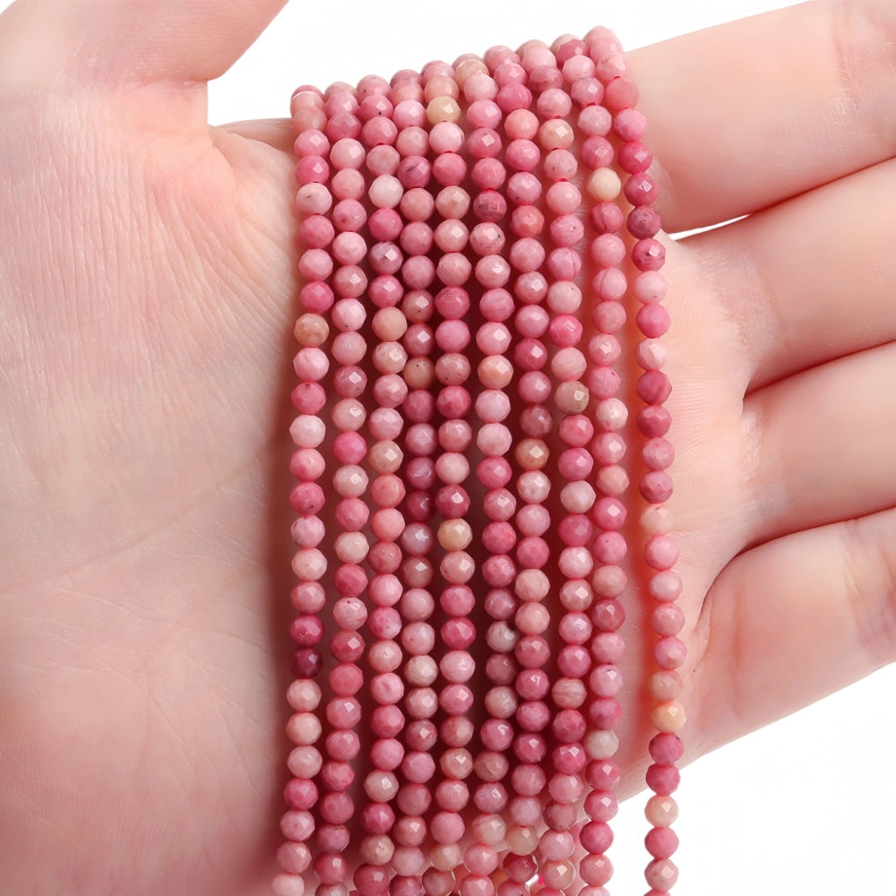 Natural rhodonite micro faceted beads in 2mm, 3mm, 4mm. Pink stone spacer beads for delicate bracelets and DIY jewelry making