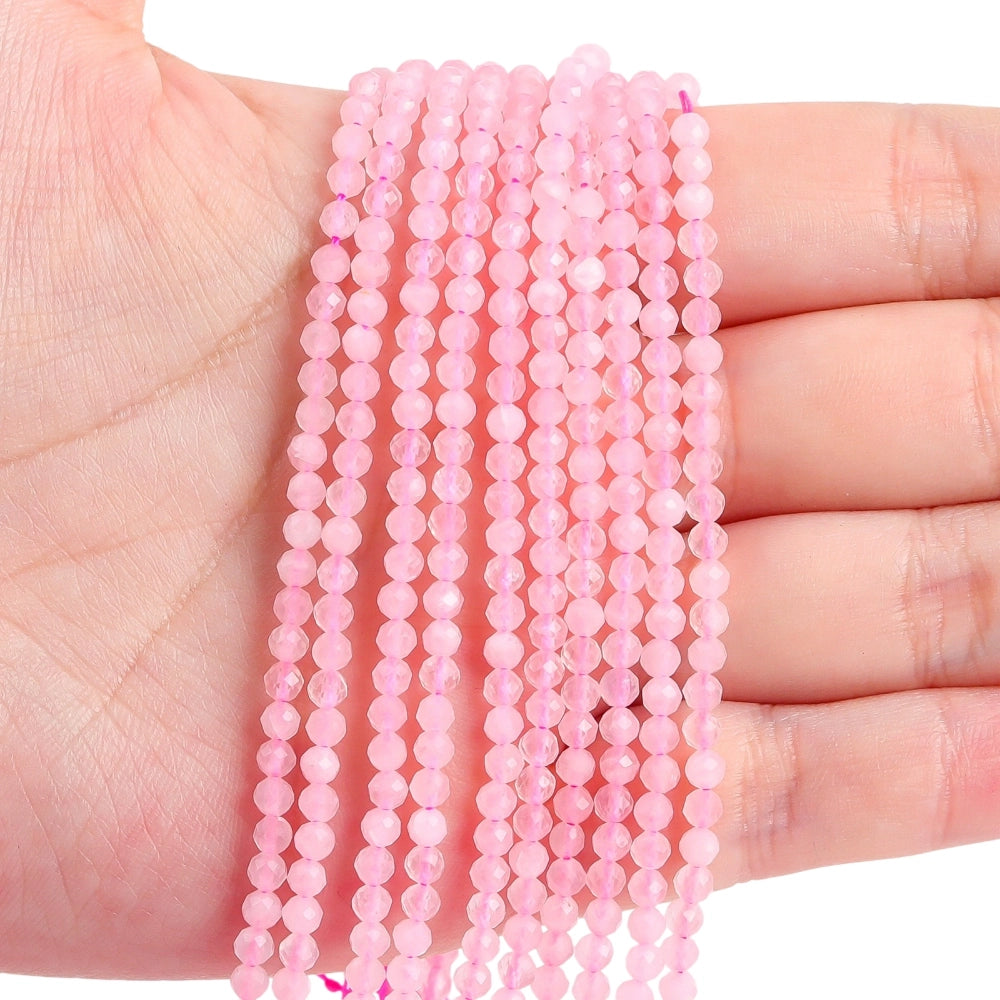 Natural rose quartz micro faceted beads in 2mm, 3mm, 4mm. Pale pink stone spacer beads for delicate bracelets and DIY jewelry making