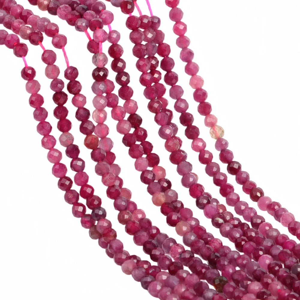 Natural rubellite micro faceted beads in 2mm, 3mm, 4mm. Deep pinkish-red stone spacer beads for delicate bracelets and DIY jewelry making