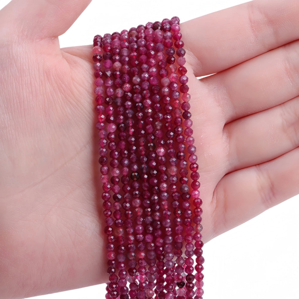 Natural rubellite micro faceted beads in 2mm, 3mm, 4mm. Deep pinkish-red stone spacer beads for delicate bracelets and DIY jewelry making