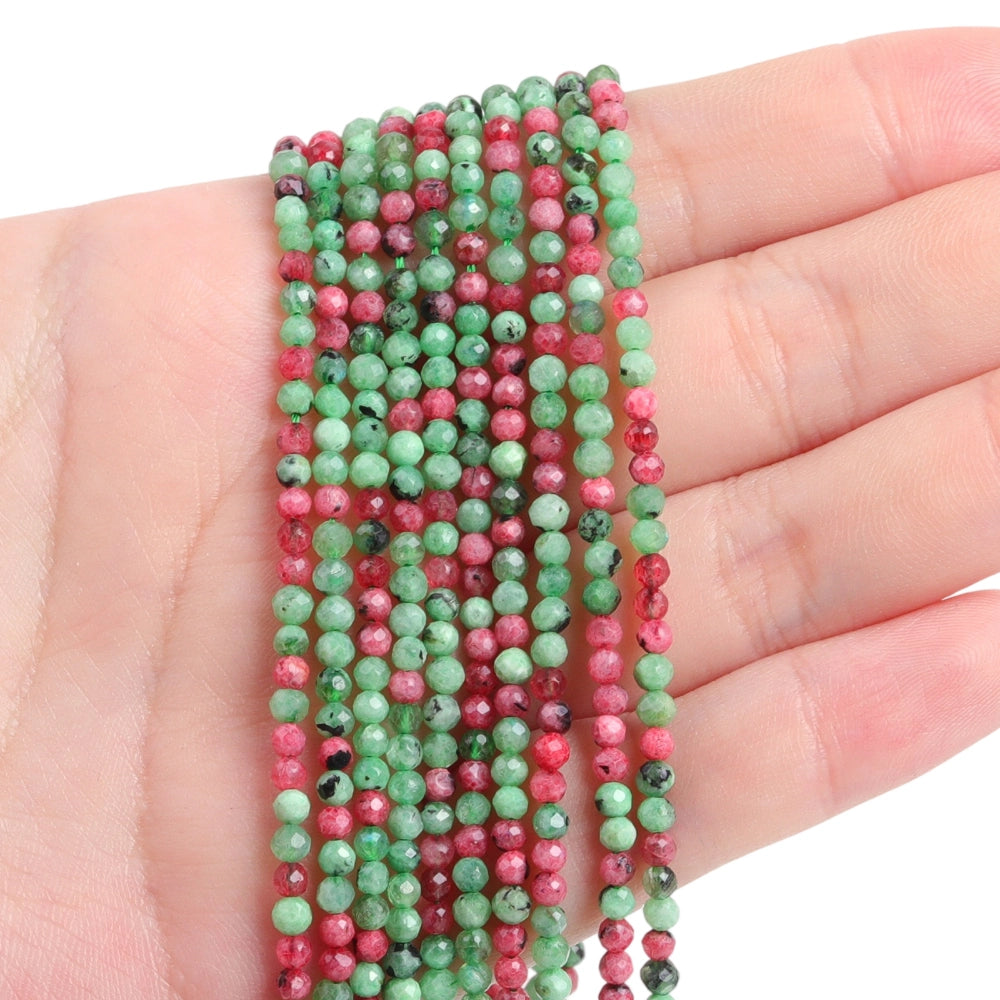 Natural ruby zoisite micro faceted beads in 2mm, 3mm, 4mm. Pink and green stone spacer beads for delicate bracelets and DIY jewelry making