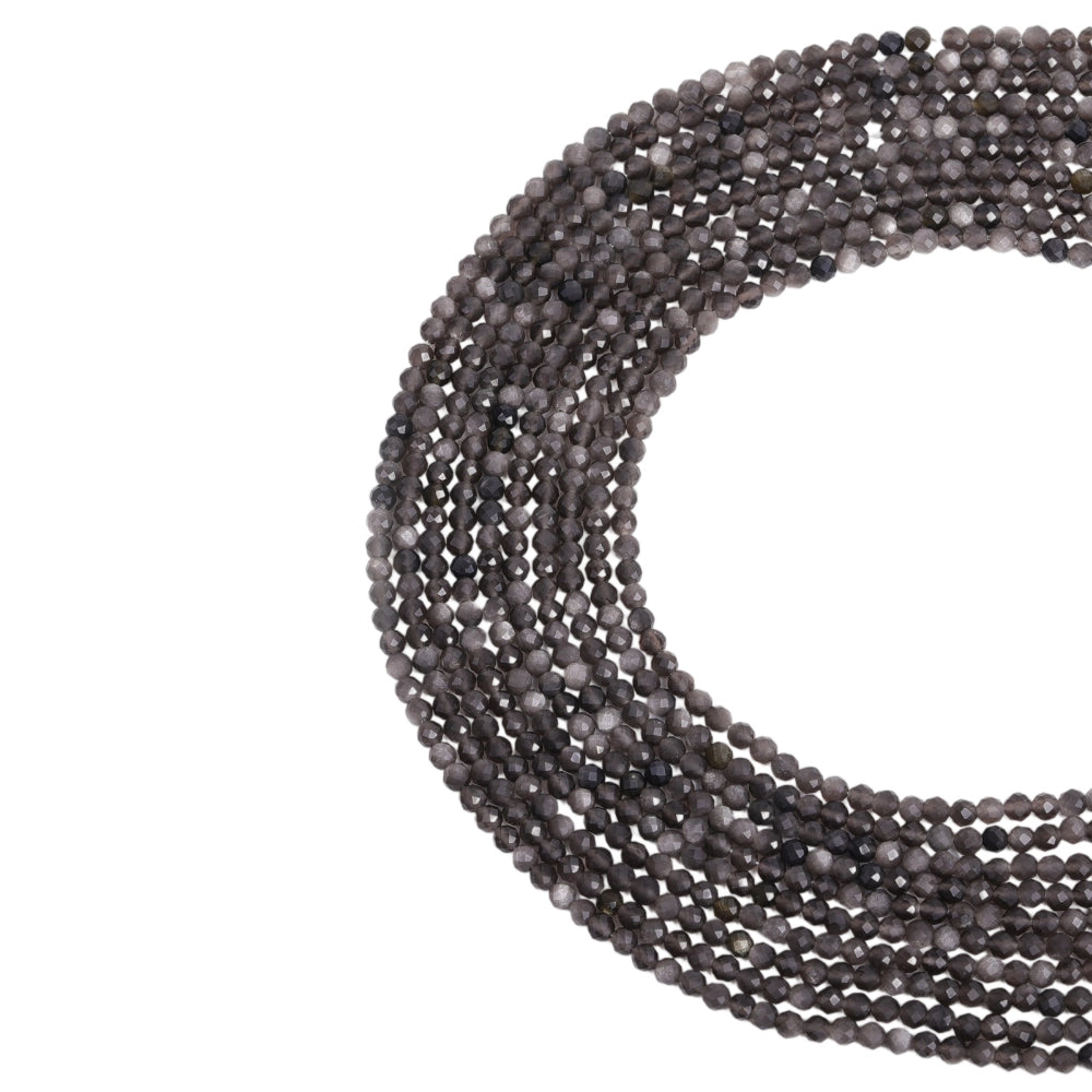 Natural silver obsidian micro faceted beads in 2mm, 3mm, 4mm. Silver sheen stone spacer beads for delicate bracelets and DIY jewelry making