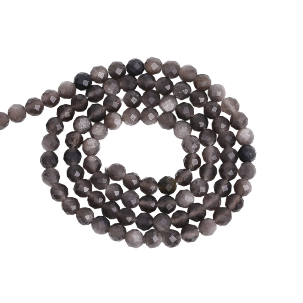 Natural silver obsidian micro faceted beads in 2mm, 3mm, 4mm. Silver sheen stone spacer beads for delicate bracelets and DIY jewelry making