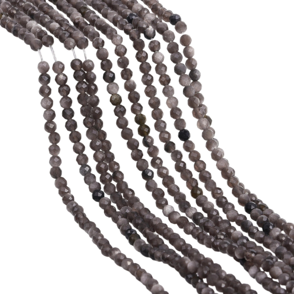 Natural silver obsidian micro faceted beads in 2mm, 3mm, 4mm. Silver sheen stone spacer beads for delicate bracelets and DIY jewelry making