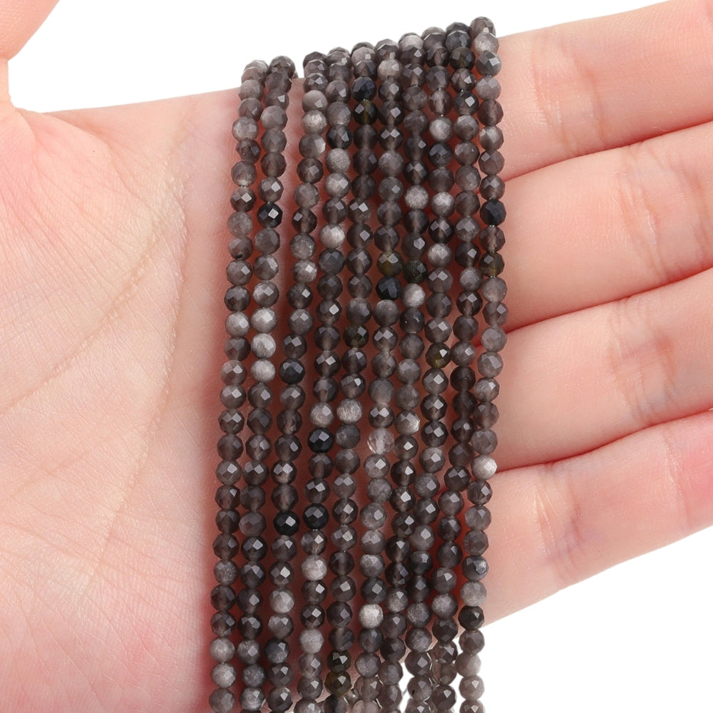 Natural silver obsidian micro faceted beads in 2mm, 3mm, 4mm. Silver sheen stone spacer beads for delicate bracelets and DIY jewelry making