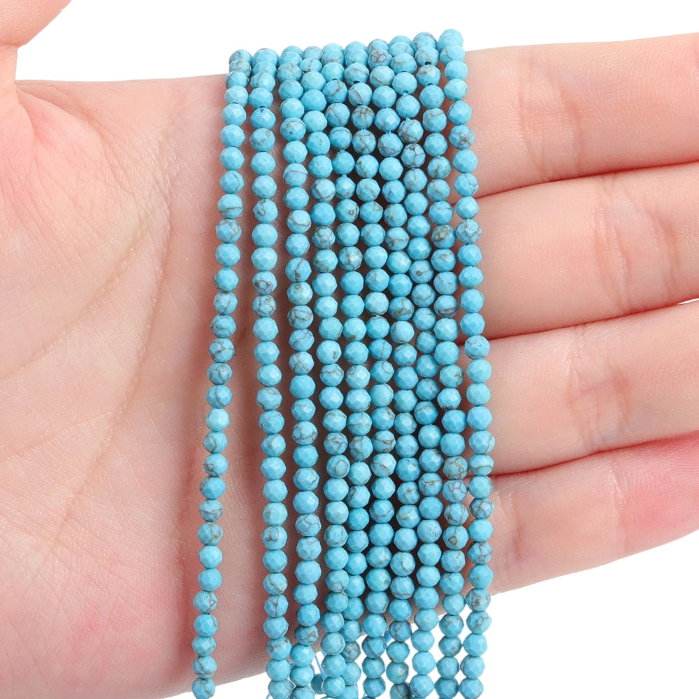 Natural sky blue turquoise micro faceted beads in 2mm, 3mm, 4mm. Blue stone spacer beads for delicate bracelets and DIY jewelry making
